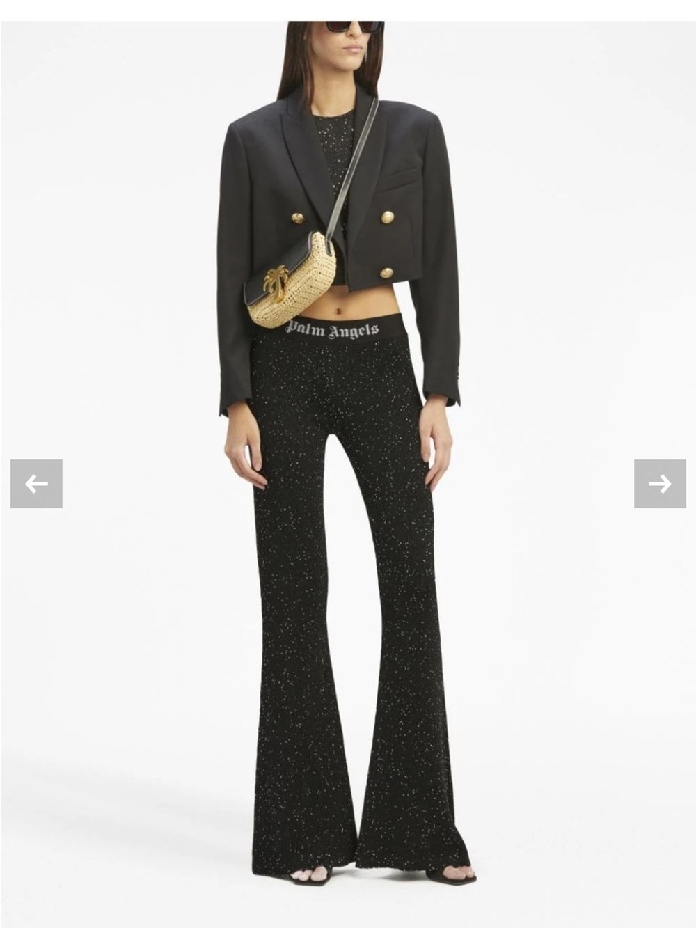Palm Angels Black Sparkle Flared Knit Pants and crop top set $1106
